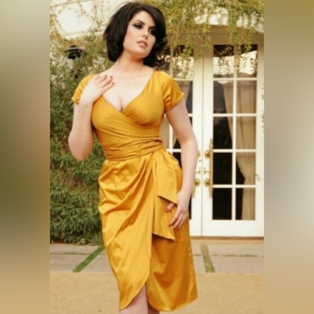 NWT Pinup couture Ava Faux Wrap Mustard Gold Yellow Wiggle Dress sash size M